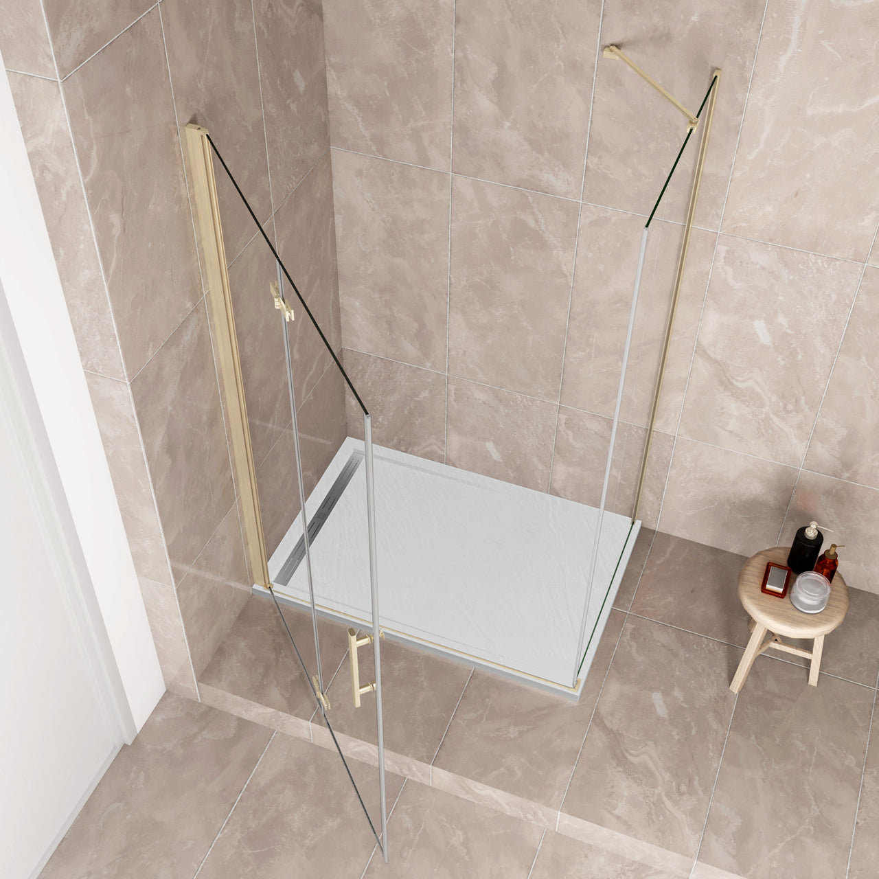 185 cm Box Doccia Angolare Porta Battente Pieghevole Parete Fissa Vetro Temperato 6 mm Anticalcare Barra Stabilizzatrice da 45 cm Dorato Spazzolato