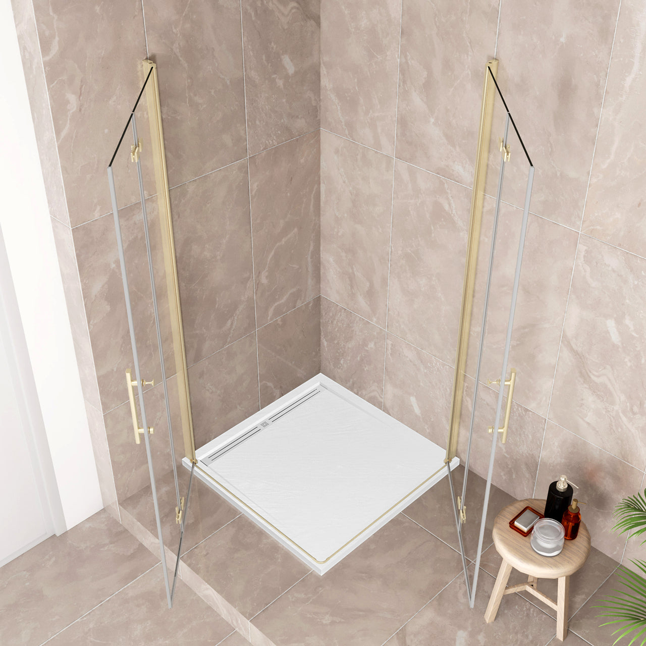 185cm Box Doccia Angolare Doppia Porta Battente Pieghevole Vetro Temperato Trasparente 6 mm Anticalcare Telaio Dorato Spazzolato