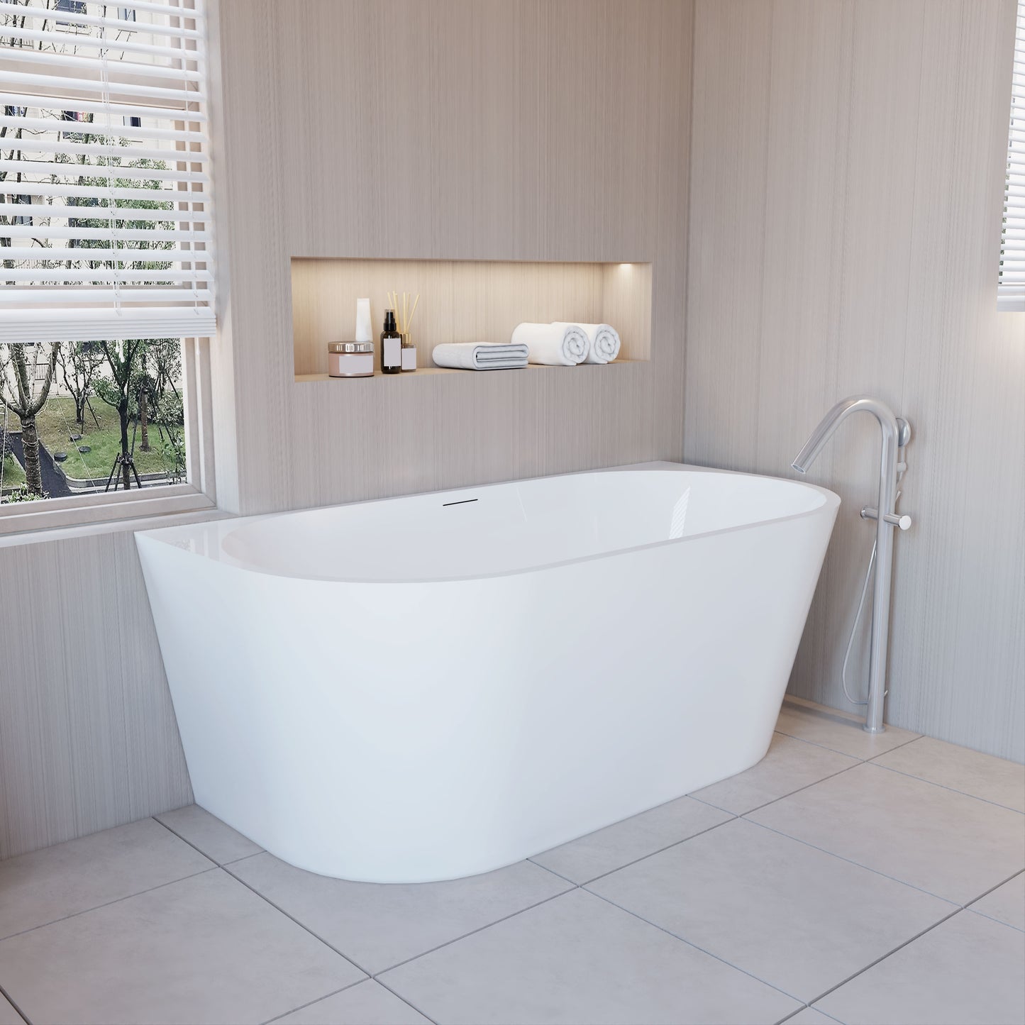 Vasca a Isola o da Parete 150x75x58 cm/170x80x60cm Vasca da Bagno Semi-Freestanding in Acrilico Bianco Ovale