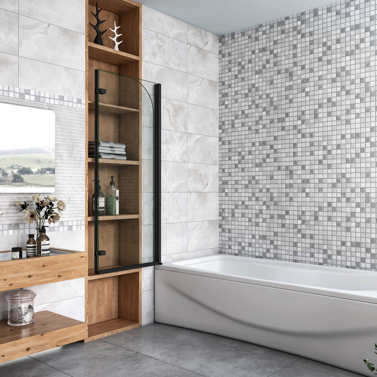 Sopravasca da Bagno Parete Vasca Doccia 90/100/110/120x140 cm Due Ante Movibili Vetro Temperato Trasparente 6 mm Anticalcare Telaio Nero Opaco