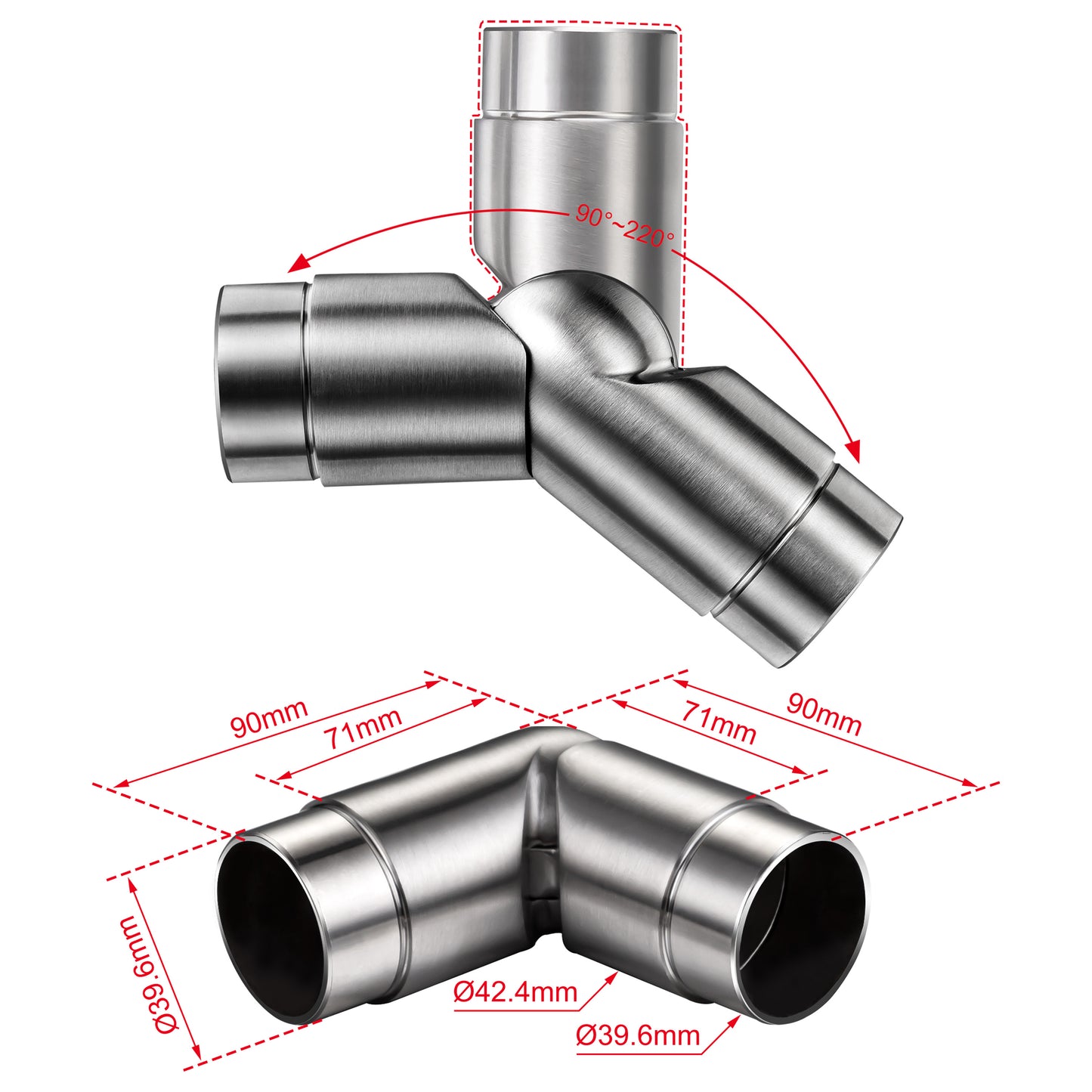 Kit Connettore Dritto/Angolo Regolabile per Ringhiere in Acciaio Inox Diametro 42.4 mm Configuratore per Corrimano per Ringhiere a 3/5 Traversi