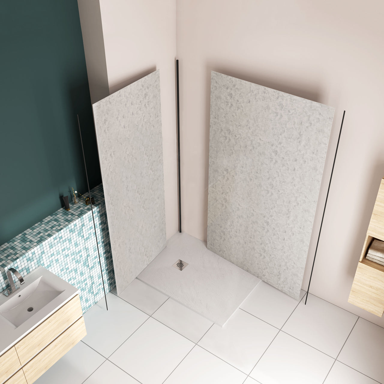 H.210 cm Pannello Doccia ad Angolo Realizzato in Alluminio da 3 mm con Profili Finitura Grigio Cemento per Rivestimento Parete Bagno