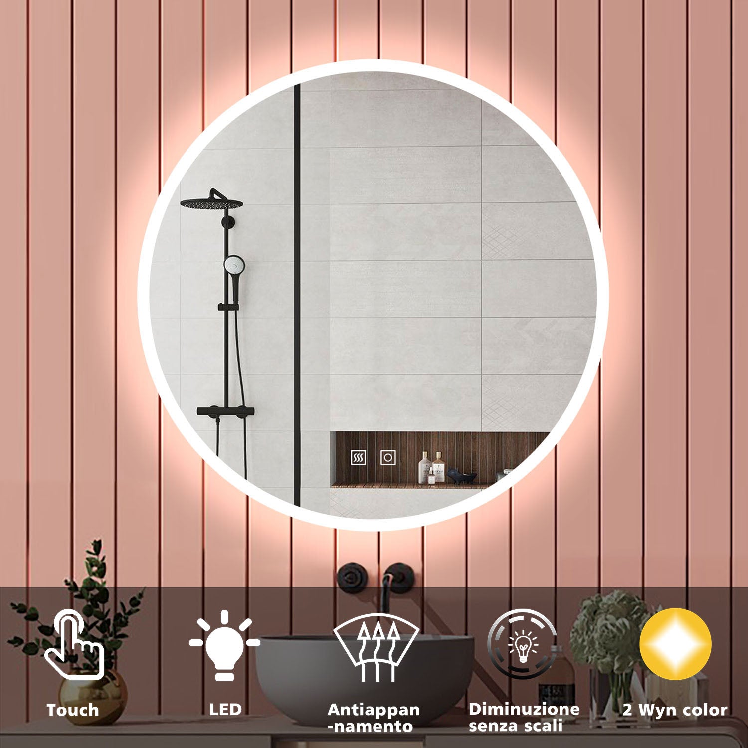 Aica Specchio Tondo LED da Bagno, Temperatura Colore Opzionale, Anti-appannamento, Facile da Installare,Tocco, IP44, Retroilluminato - Consegna gratuita
