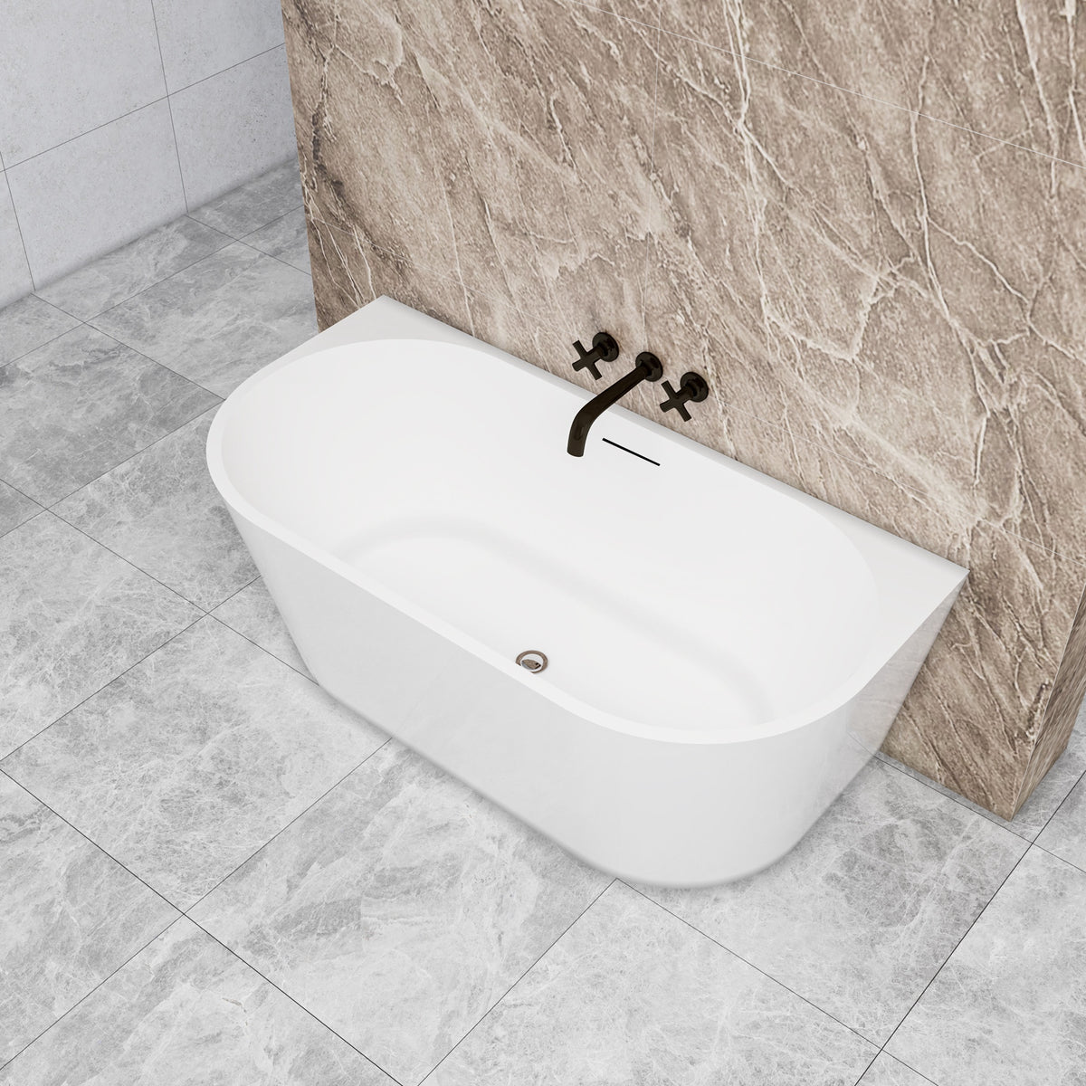 Vasca da bagno semi-freestanding ovale in acrilico bianco, dimensione 150x75x58 cm /170x80x60 cm , posizionabile a isola o a parete.