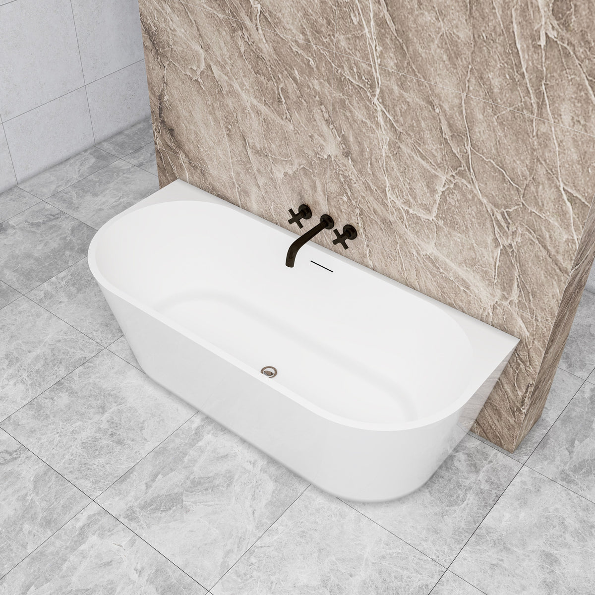 Vasca da bagno semi-freestanding ovale in acrilico bianco, dimensione 150x75x58 cm /170x80x60 cm , posizionabile a isola o a parete.
