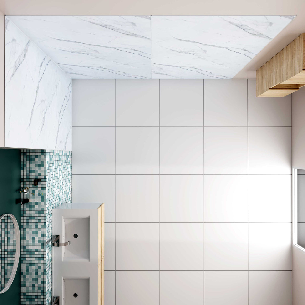 Pannello doccia angolare H.210 cm, realizzato in alluminio da 3 mm con finitura bianco Alba, adatto al rivestimento delle pareti del bagno.