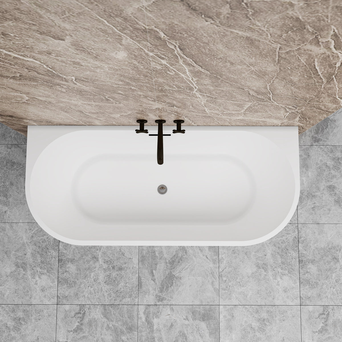 Vasca da bagno semi-freestanding ovale in acrilico bianco, dimensione 150x75x58 cm /170x80x60 cm , posizionabile a isola o a parete.