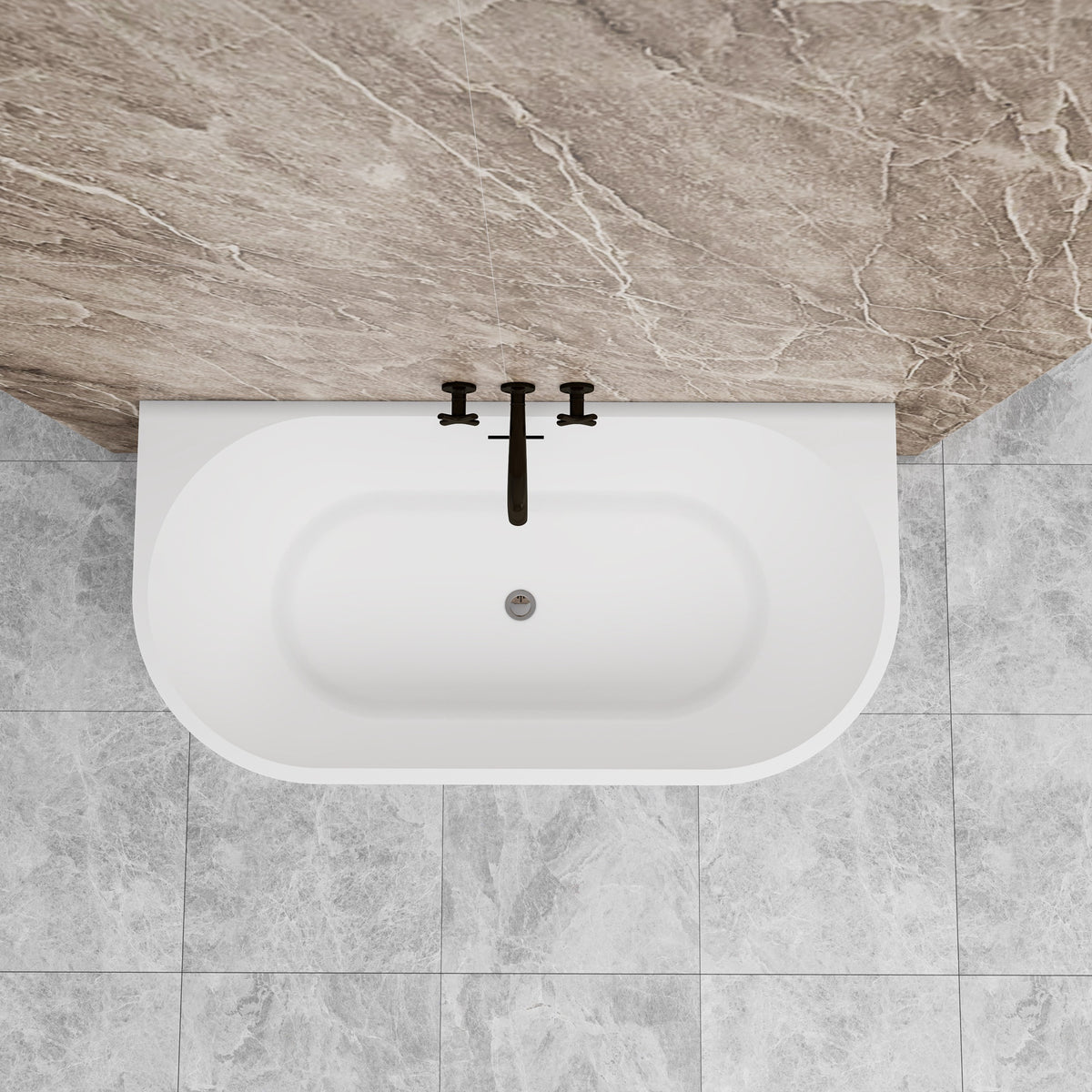 Vasca da bagno semi-freestanding ovale in acrilico bianco, dimensione 150x75x58 cm /170x80x60 cm , posizionabile a isola o a parete.