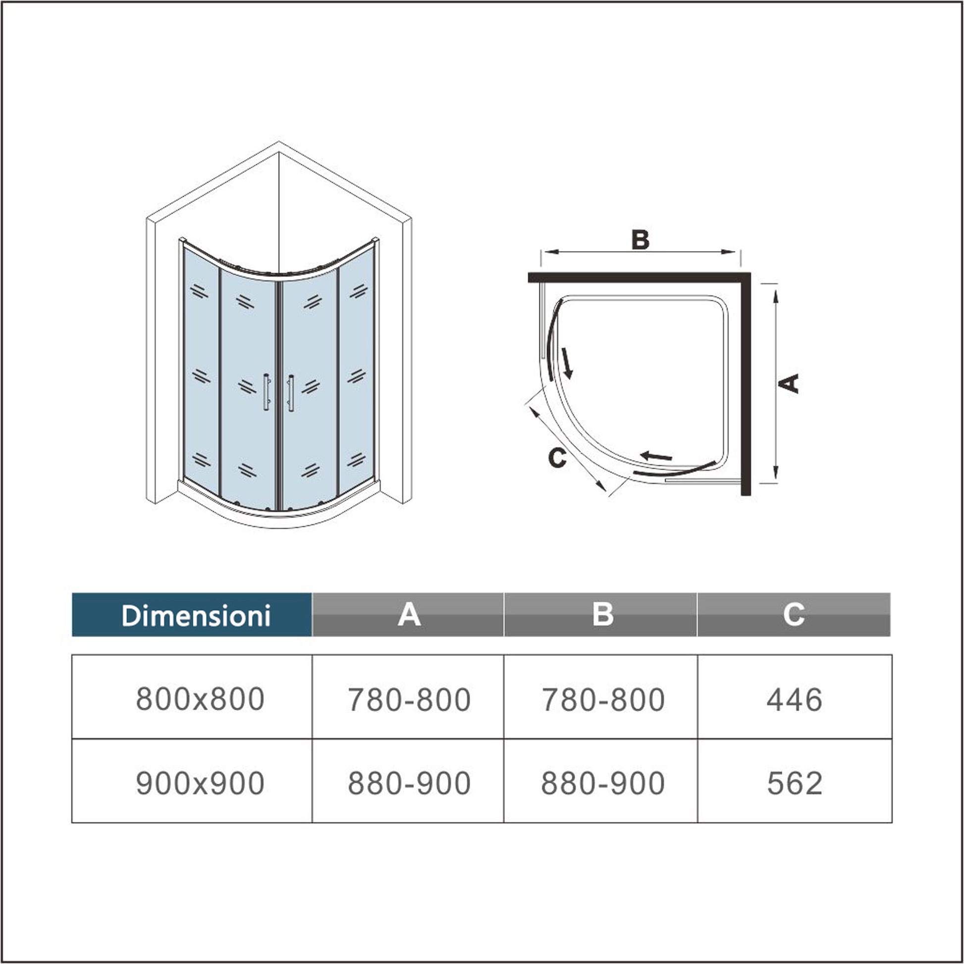 Box Doccia Semicircolare 80-90X80-90 cm H.190 Oro Spazzolato Porta Scorrevole Vetro 6 mm Trasparente Anticalcare, Piatto Doccia Bianco
