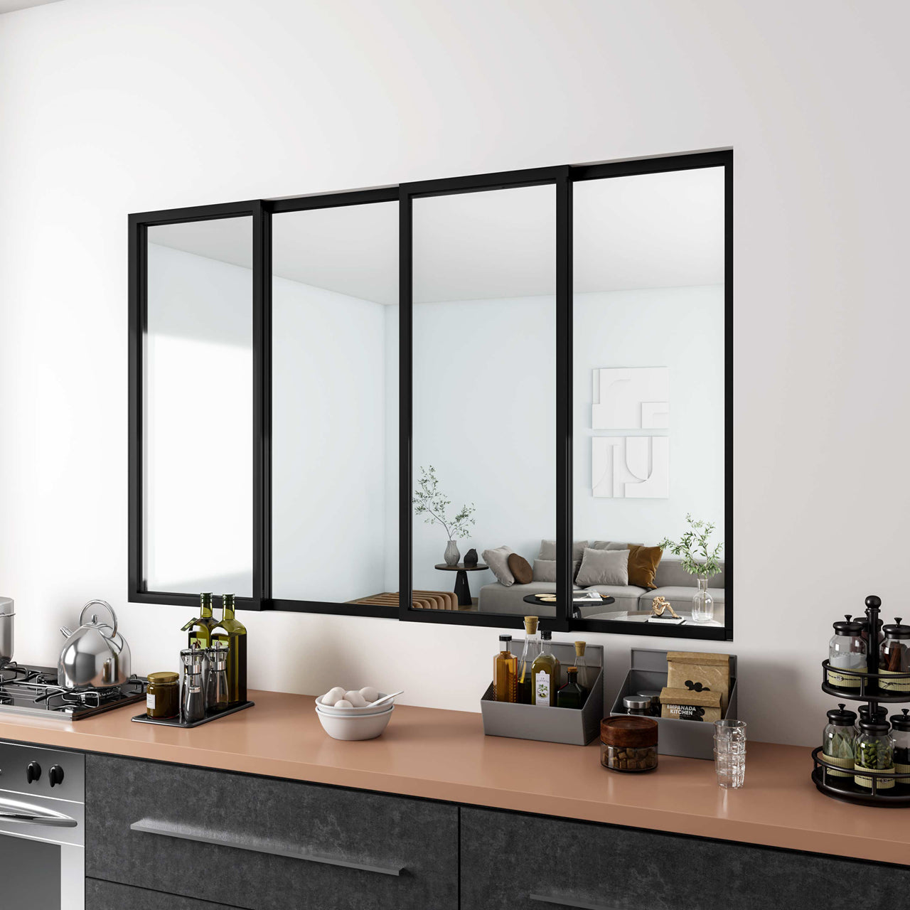 Vetrata Scorrevole Interna 183x108 cm in Vetro Temperato 4 Lastre Corniciate Profilo Nero Opaco Divisorio da Casa - Consegna gratuita