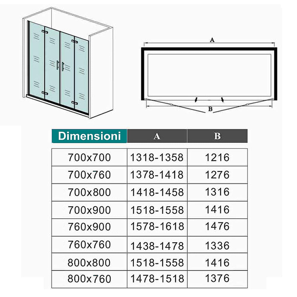Aica Box Doccia per Nicchia 185 / 195 cm Doppia Porta Battente 4 Ante Pieghevoli Saloon Vetro Temperato 6 mm Anticalcare