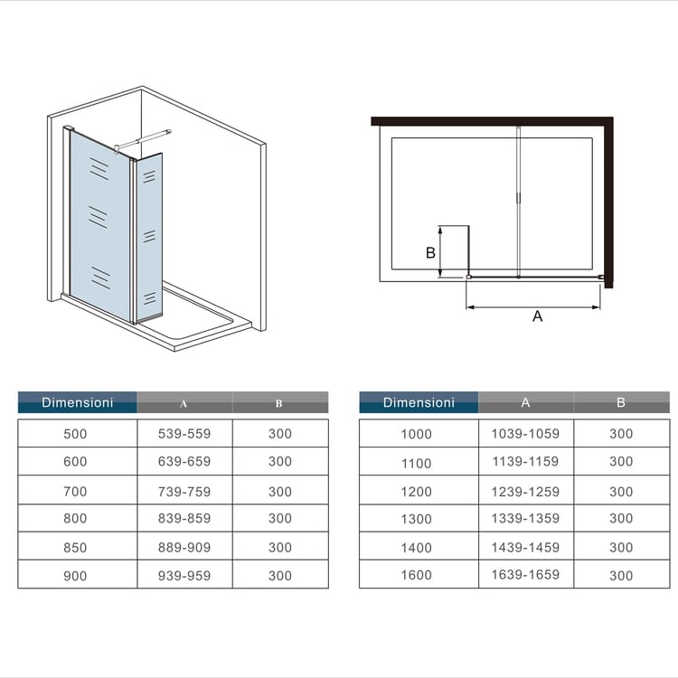 Aica Parete Per Doccia Walk In Con 30/40cm Paretina Mobile Vetro 8mm Temperato Trasparente Anticalcare Con Barra Stabilizzatrice Regolabile 70-120cm