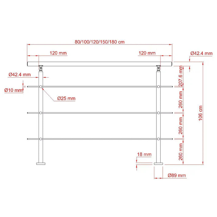 Balaustra Ringhiera Corrimano in acciaio inox spazzolato 3 barre trasversali