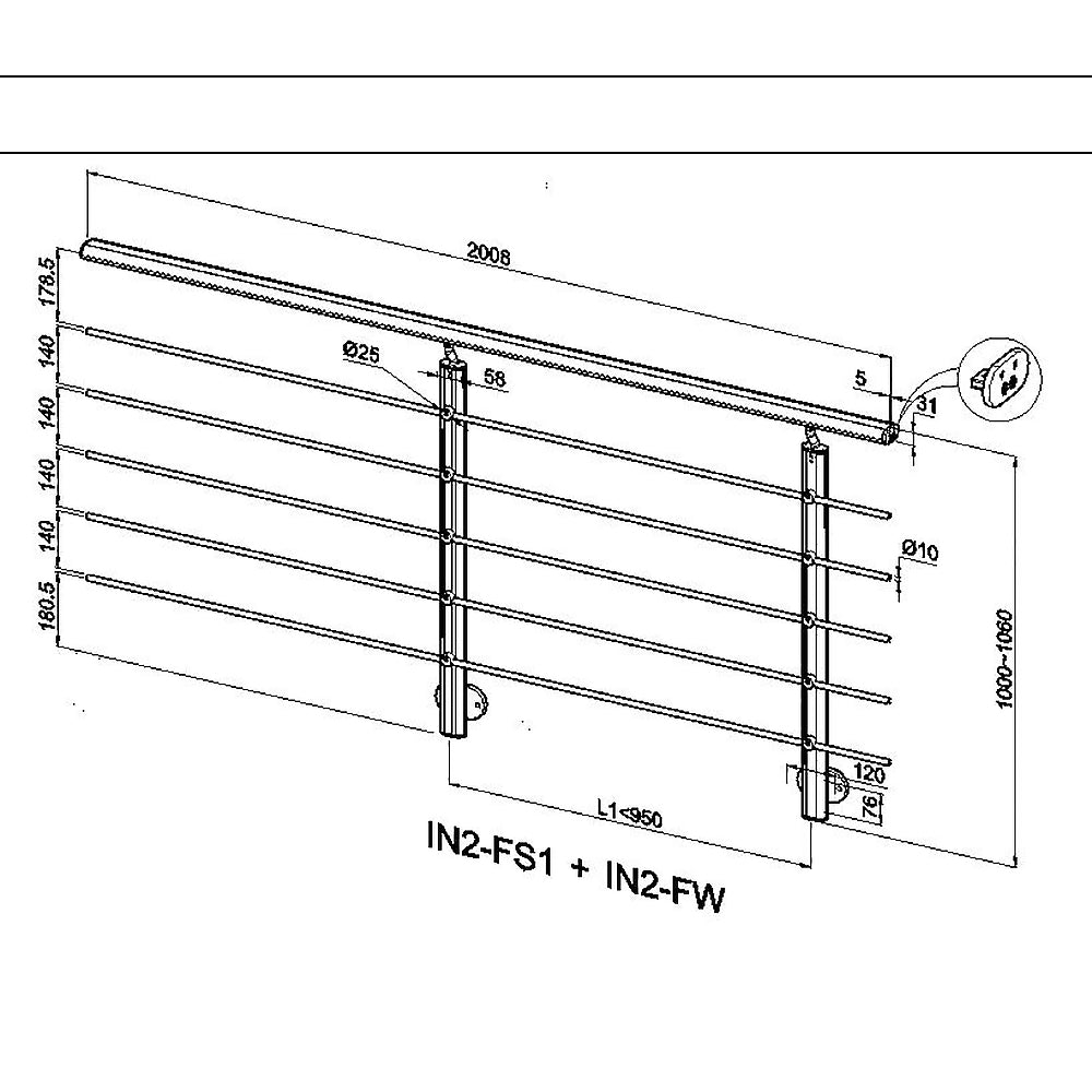 Ringhiera Balaustra in Alluminio Argento Opaco o Nero Opaco 200x100cm a Fissaggio a Parete, con supporto di collegamento a Parete
