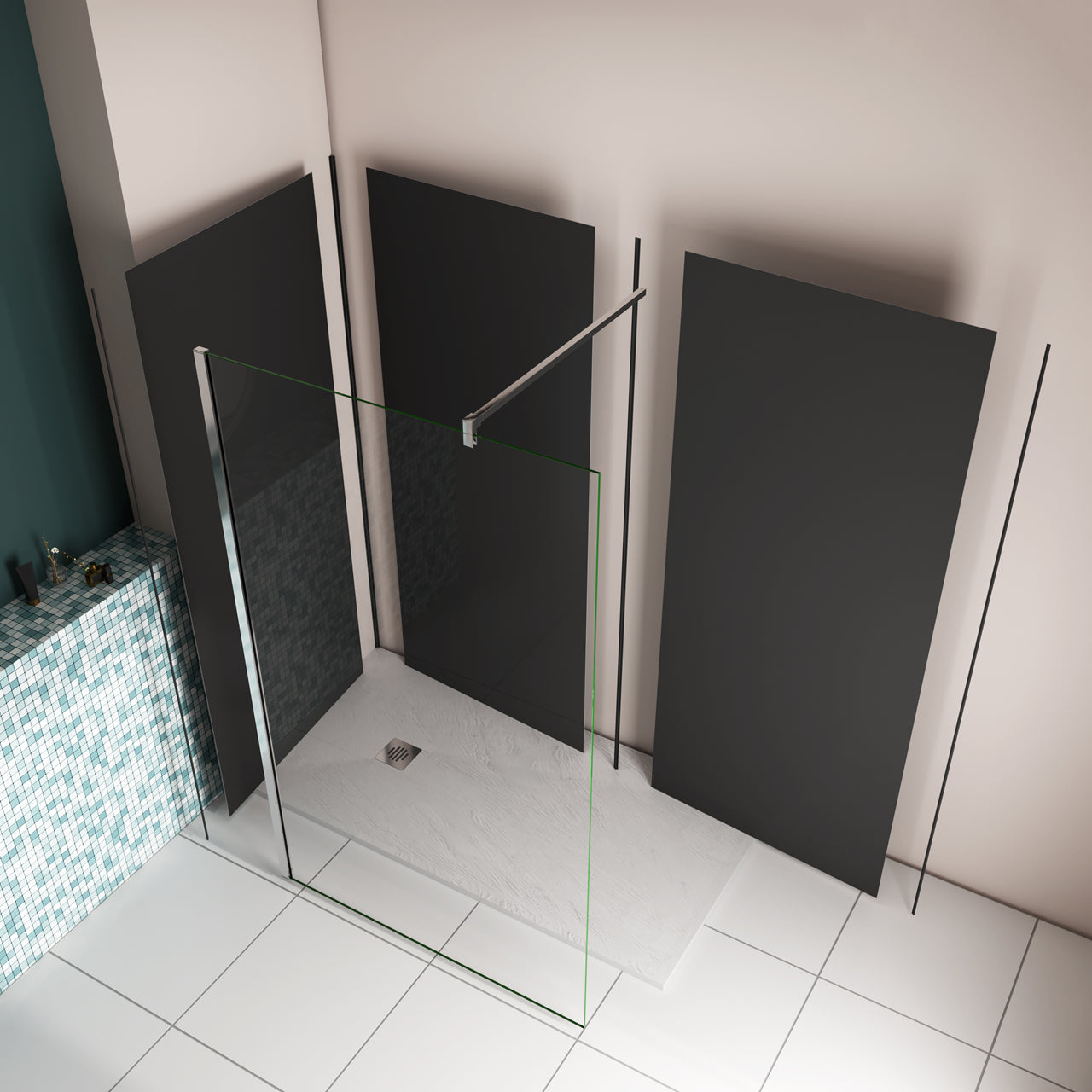 Pannello doccia angolare H.210 cm, disponibile in più misure, realizzato in alluminio da 3 mm con finitura nero opaco, adatto per l'arredo delle pareti del bagno.