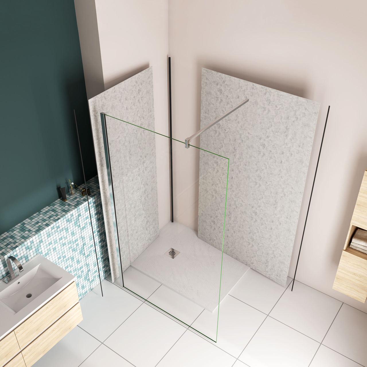 H.210 cm Pannello Doccia ad Angolo Realizzato in Alluminio da 3 mm con Profili Finitura Grigio Cemento per Rivestimento Parete Bagno
