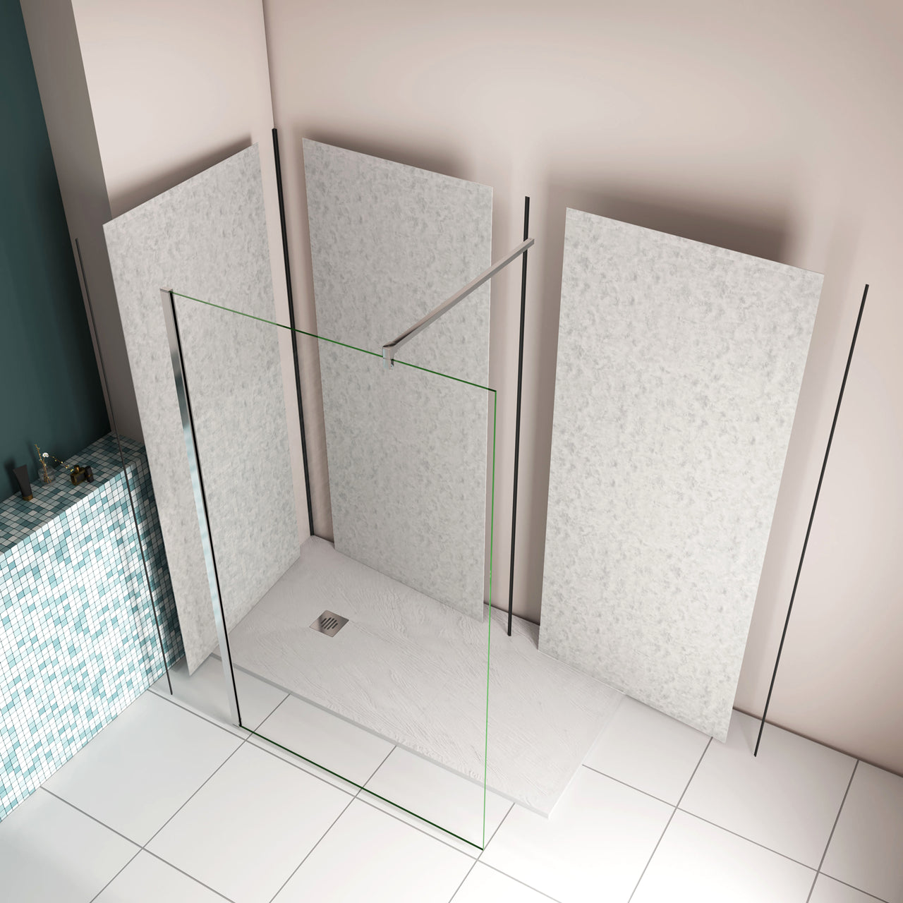 Pannello doccia angolare H.210 cm, disponibile in più misure, realizzato in alluminio da 3 mm con finitura grigio cemento, adatto per l'arredo delle pareti del bagno