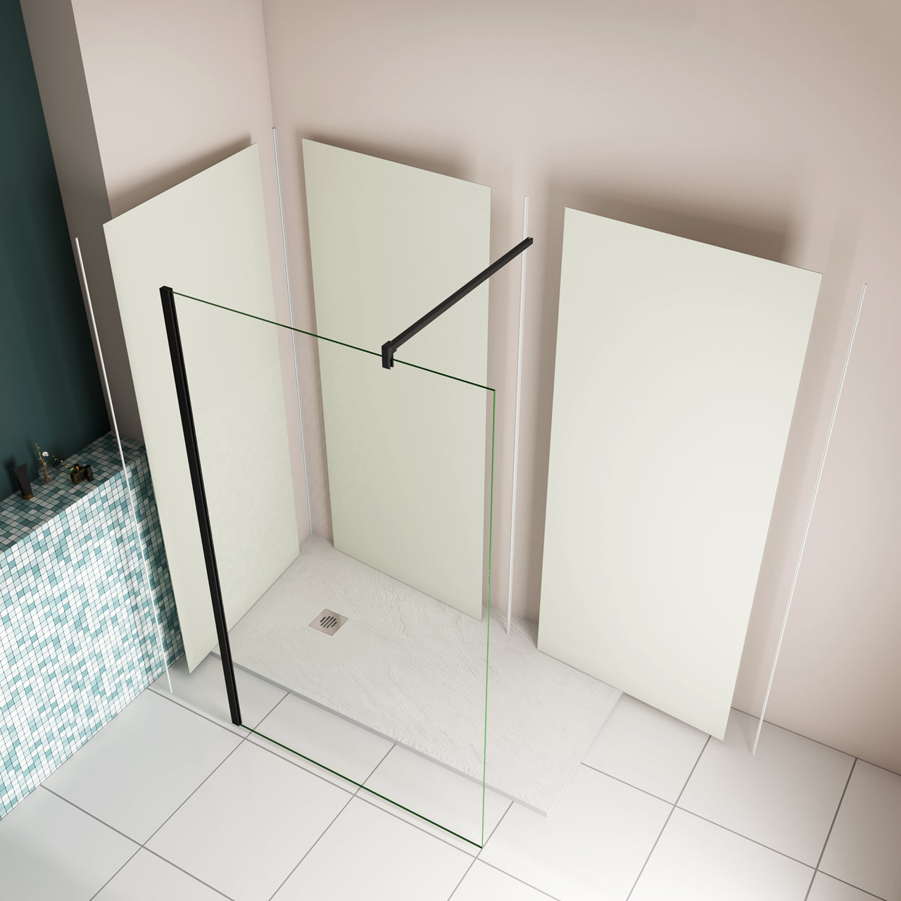 Pannello doccia angolare H.210 cm, disponibile in più misure, realizzato in alluminio da 3 mm con finitura bianco avorio, adatto per l'arredo delle pareti del bagno