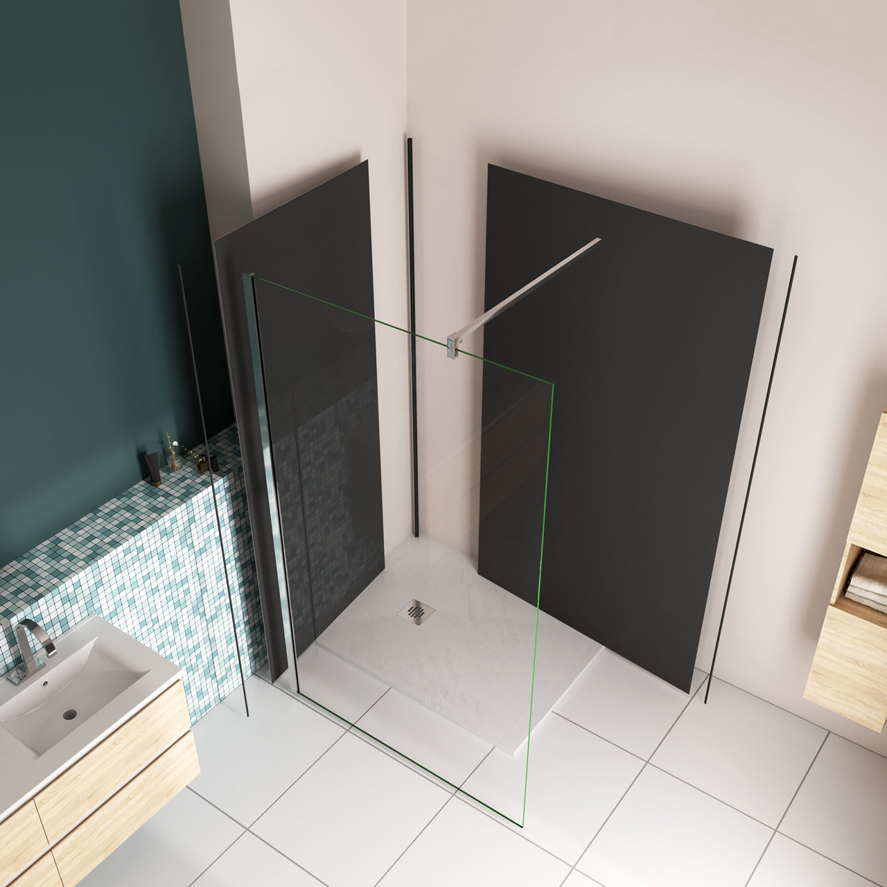 H.210 cm Pannello Doccia ad Angolo Realizzato in Alluminio da 3 mm con Profili Finitura Nero Opaco per Rivestimento Parete Bagno