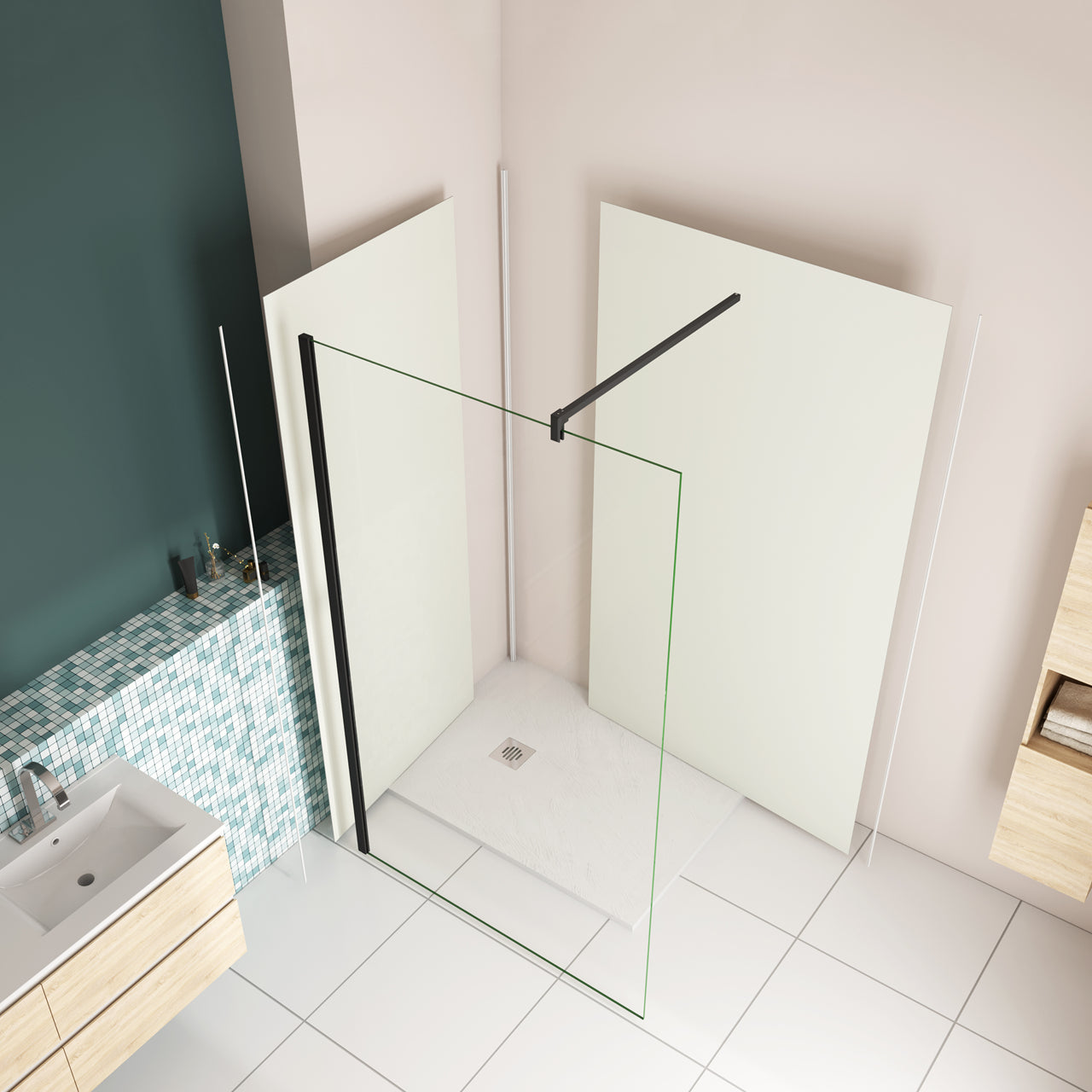 H.210 cm Pannello Doccia ad Angolo Realizzato in Alluminio da 3 mm con Profili Finitura Bianco Avorio per Rivestimento Parete Bagno