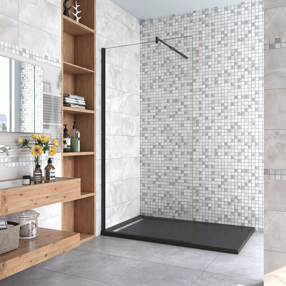 Box Doccia Walk In Parete Fissa in Vetro Temperato da 10mm Trasparente Anticalcare Barra Stabilizzatrice Nero Opaco