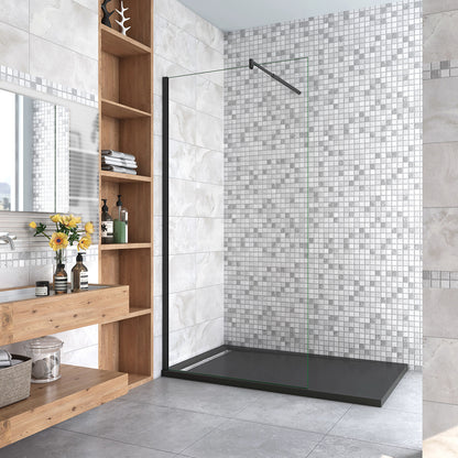 Box Doccia Walk In Parete Fissa in Vetro Temperato da 10mm Trasparente Anticalcare Barra Stabilizzatrice Nero Opaco