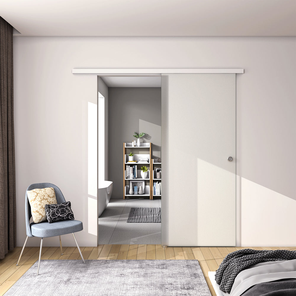 Porta Scorrevole in Vetro da 8mm Temperato Opaco con Pellicola Anti-frantumi con Binario in Alluminio Bianco Verniciato Altezza 225cm