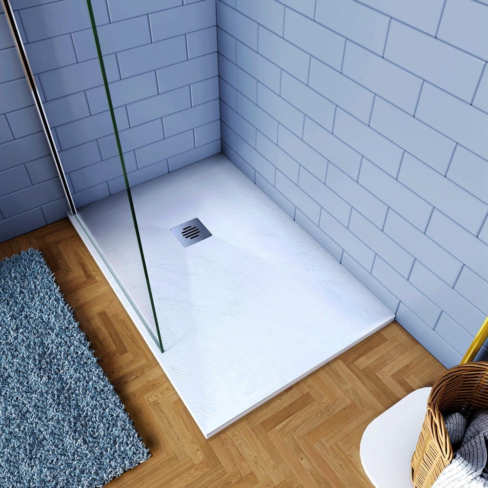 Piatto Doccia Bianco di Spessore da 3cm Ultrasottile in Marmo e Resina Effetto Ardesia Ruvido Piletta e Tubo inclusi