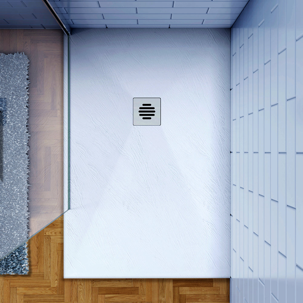 Piatto Doccia Bianco di Spessore da 3cm Ultrasottile in Marmo e Resina Effetto Ardesia Ruvido Piletta e Tubo inclusi