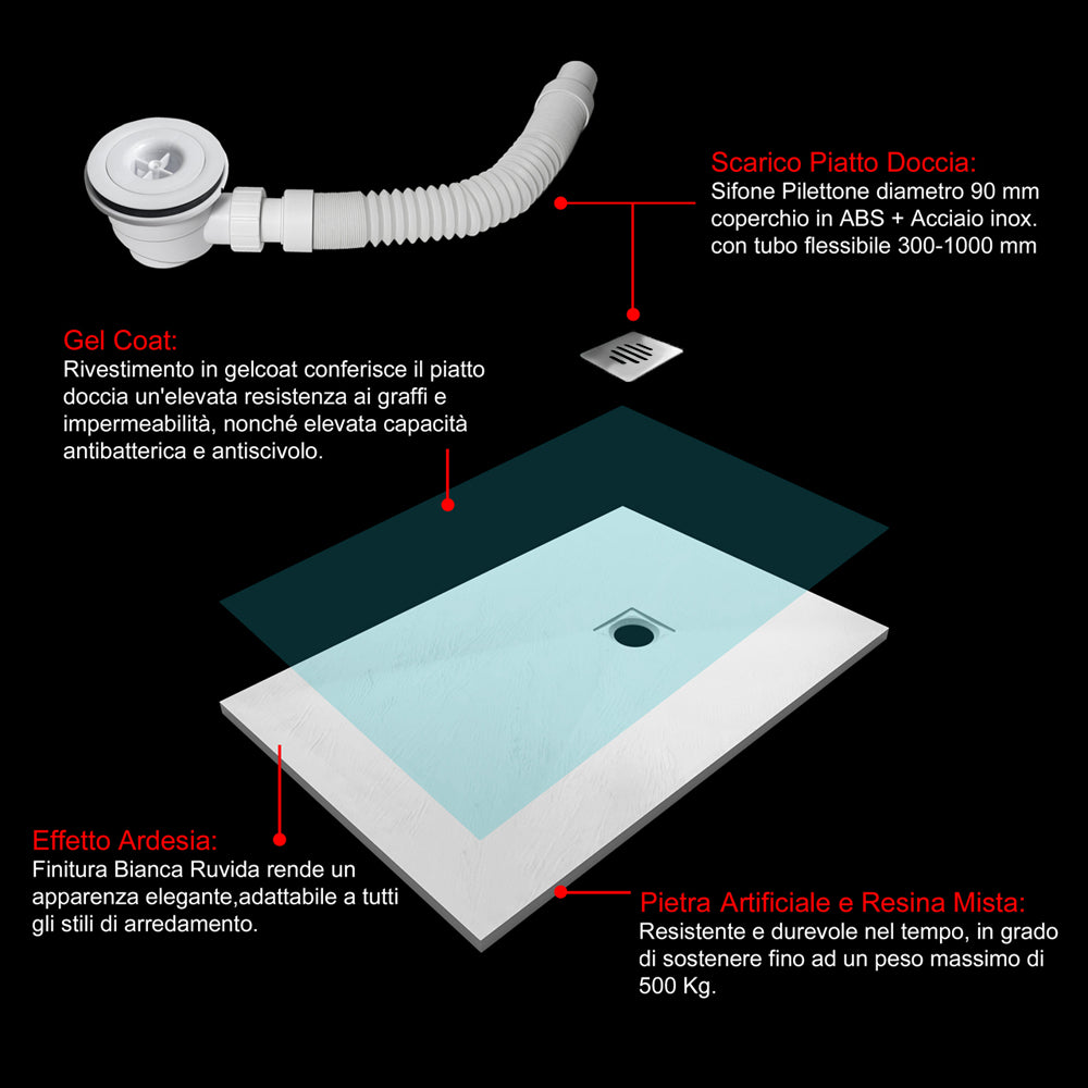 Piatto Doccia Bianco di Spessore da 3cm Ultrasottile in Marmo e Resina Effetto Ardesia Ruvido Piletta e Tubo inclusi