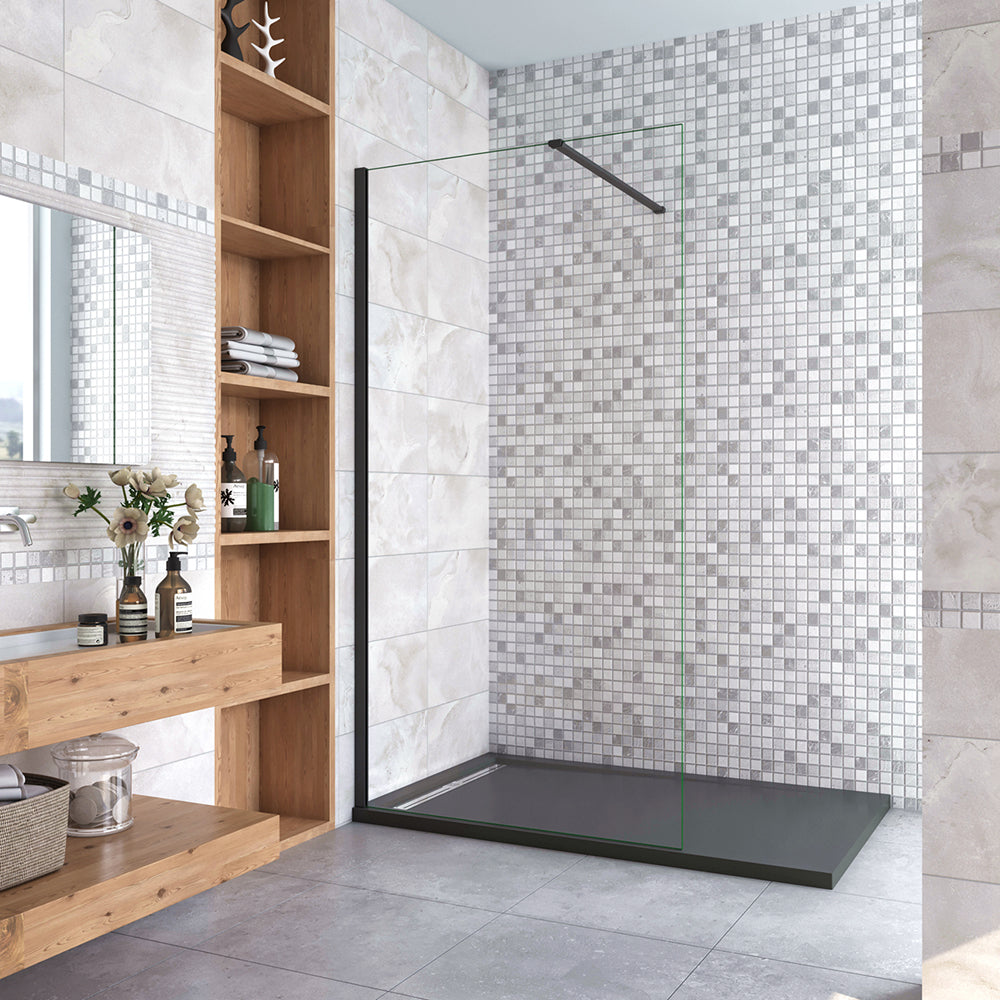 Aica Parete Fissa Doccia Walk In 40-120x200cm in Vetro 8 mm Temperato Trasparente Anticalcare Con Barra Stabilizzatrice Profilo Nero Opaco Tipo 2 - Lunga 90 cm tagliabile