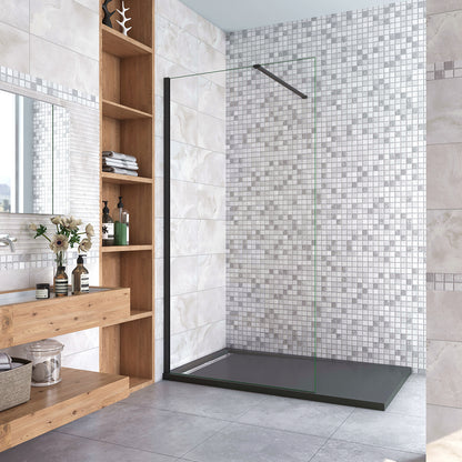 Aica Parete Fissa Doccia Walk In 40-120x200cm in Vetro 8 mm Temperato Trasparente Anticalcare Con Barra Stabilizzatrice Profilo Nero Opaco Tipo 2 - Lunga 90 cm tagliabile