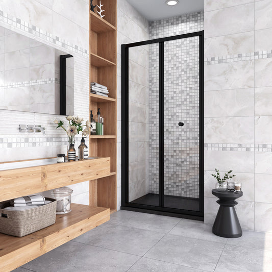 185cm Box Doccia per Nicchia Porta a Soffietto Vetro Temperato 5mm Trasparente Profilo Nero Opaco