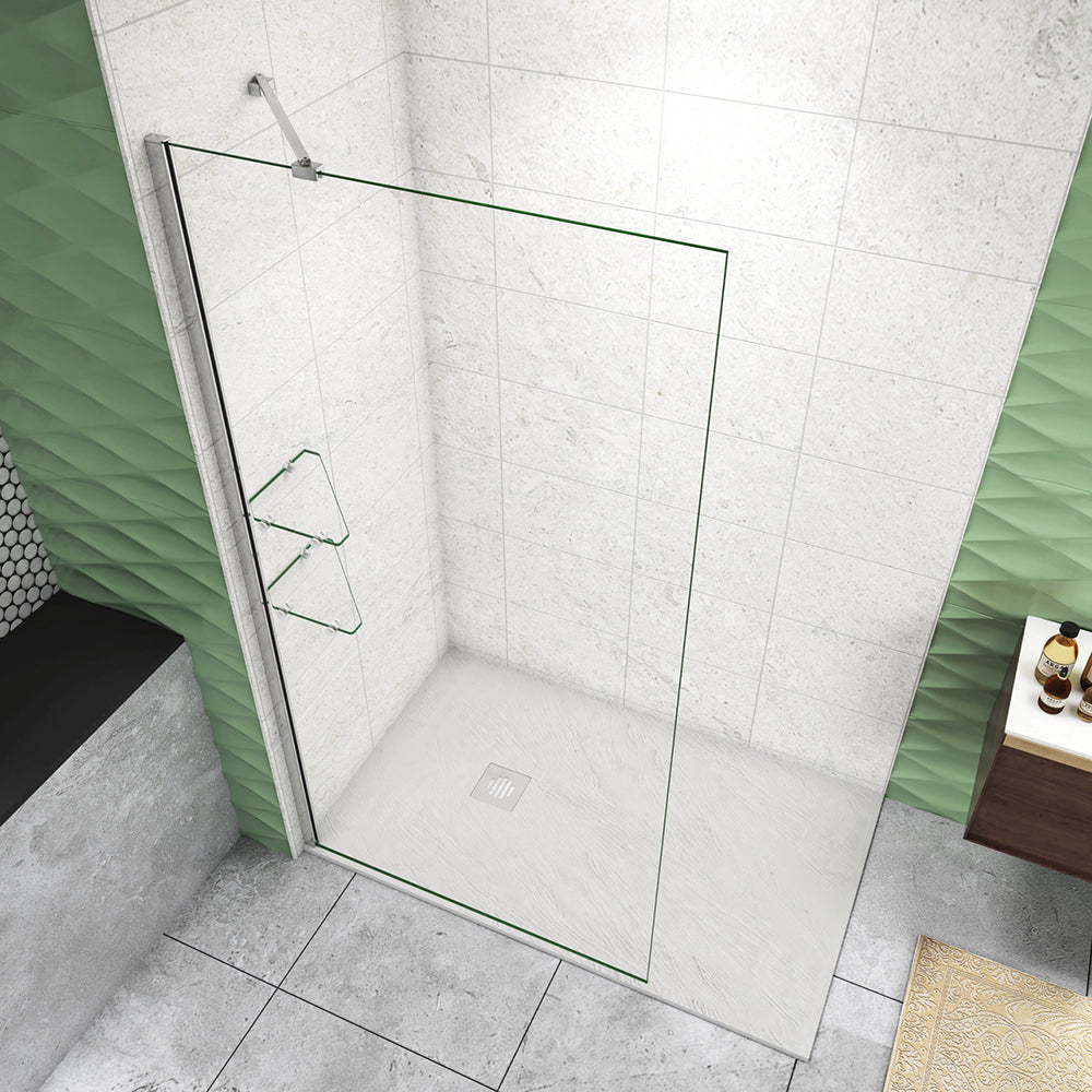 Doccia Walk In Parete Fissa in Vetro Temperato Anti-frantumi Anticalcare da 8mm Striscia Opaca Centrale con Barra Stabilizzatrice C. Braccio 45cm Snodabile