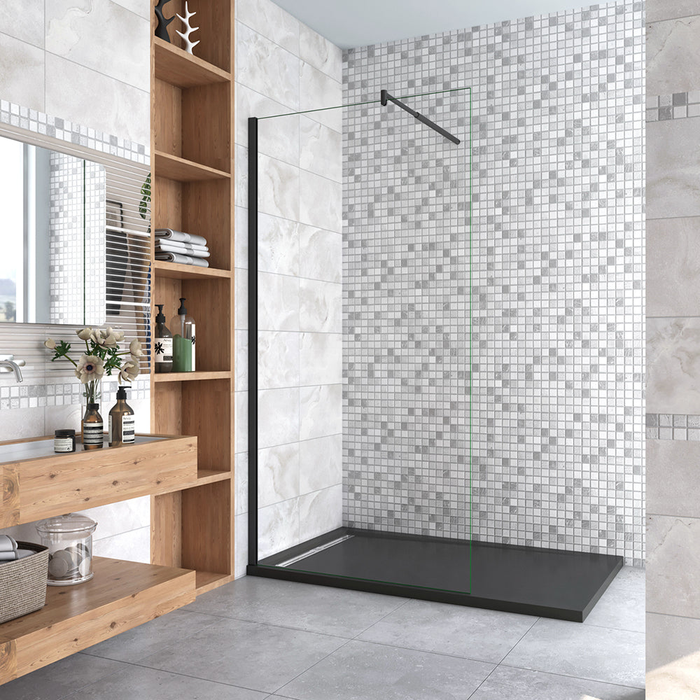 Aica Parete Fissa Doccia Walk In 40-120x200cm in Vetro 8 mm Temperato Trasparente Anticalcare Con Barra Stabilizzatrice Profilo Nero Opaco Tipo 1 - Lunga 70-120 cm regolabile