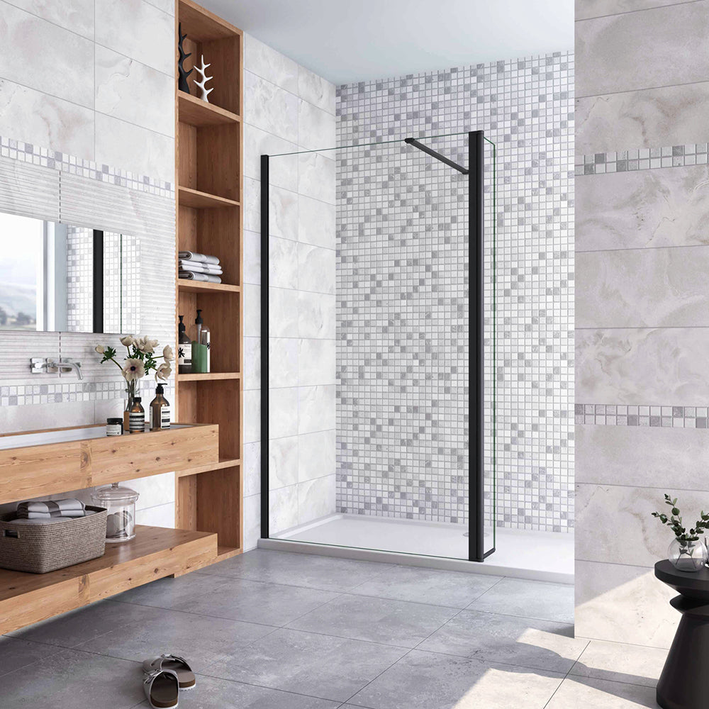 Box Doccia Walk in Due Pareti una Fissa+una Mobile Vetro 8mm Temperato Trasparente Anticalcare Barra Stabilizzatrice Nero Opaco