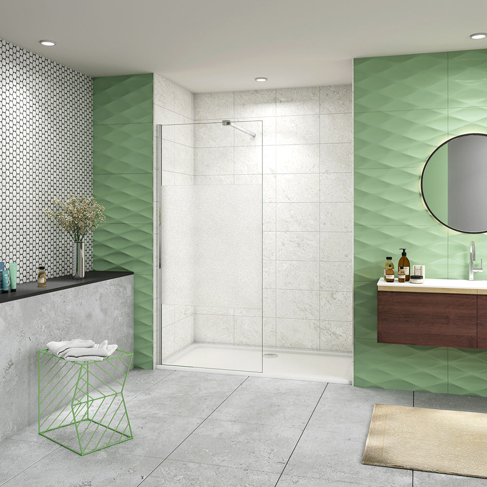 Box Doccia Walk In Parete Fissa in Vetro Temperato da 8mm Trasparente Anticalcare con Due Ripiani Mensole stabilizzatrice snodabile E. Braccio 90cm Snodabile