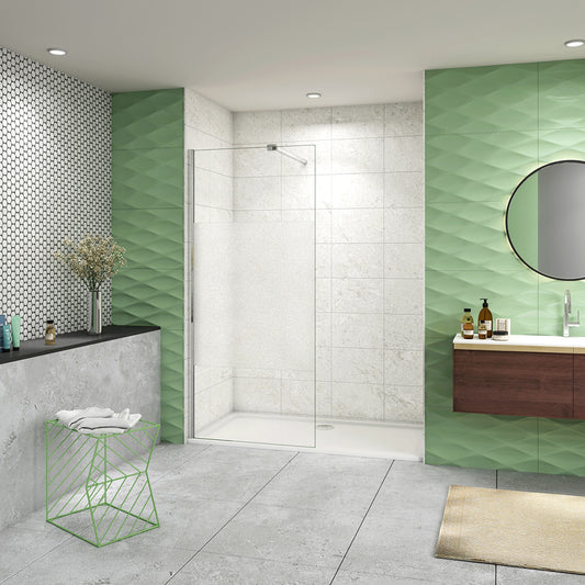 Box Doccia Walk In Parete Fissa in Vetro Temperato da 8mm Trasparente Anticalcare con Due Ripiani Mensole stabilizzatrice snodabile E. Braccio 90cm Snodabile