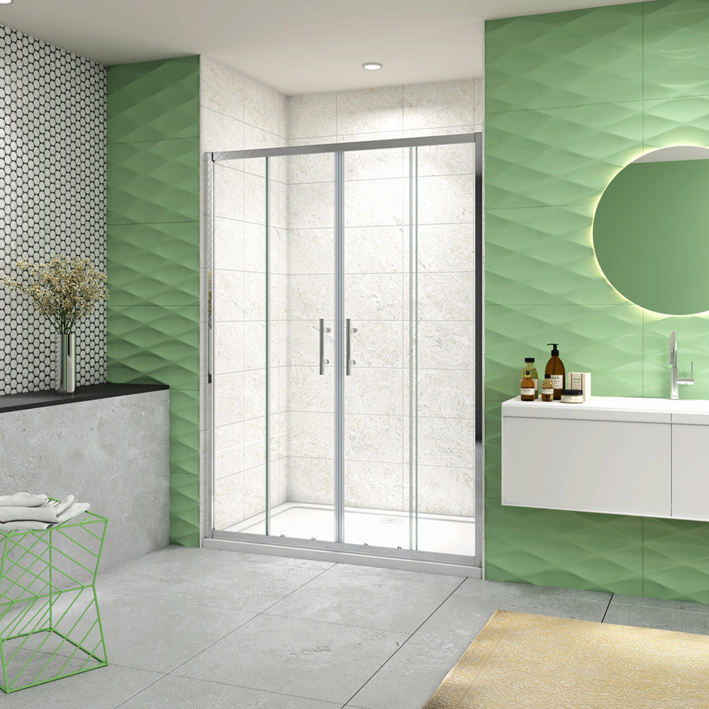 Porta Doccia Per Nicchia Doppie Ante Scorrevoli Ingresso Centrale In Vetro 5mm Temperato Trasparente Profilo Cromo Lucido