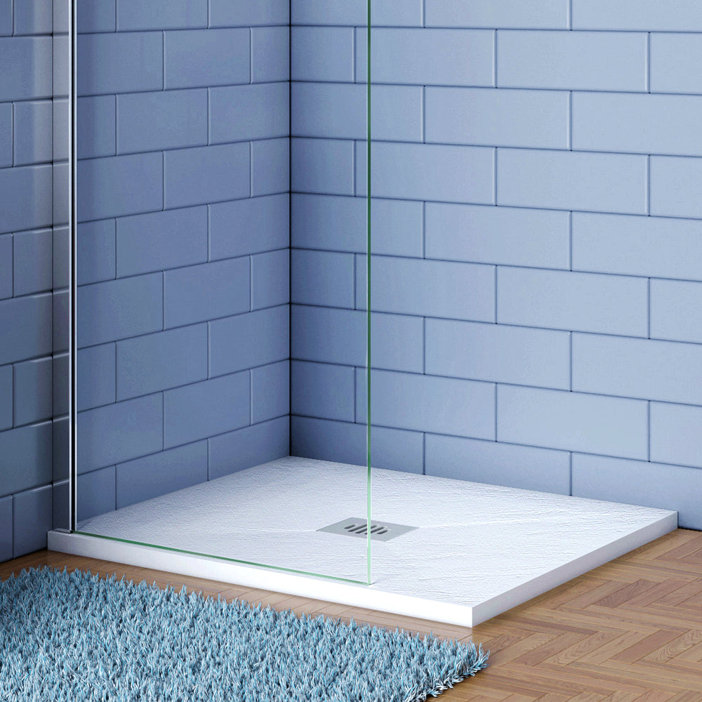 Piatto Doccia Bianco di Spessore da 3cm Ultrasottile in Marmo e Resina Effetto Ardesia Ruvido Piletta e Tubo inclusi