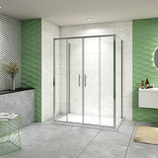 Box Doccia A Tre Lati Alto 185cm Porta Scorrevole 2 Ante Mobili 2 Pareti Laterali Vetro Temperato Trasparente Da 5mm Cromo Lucido