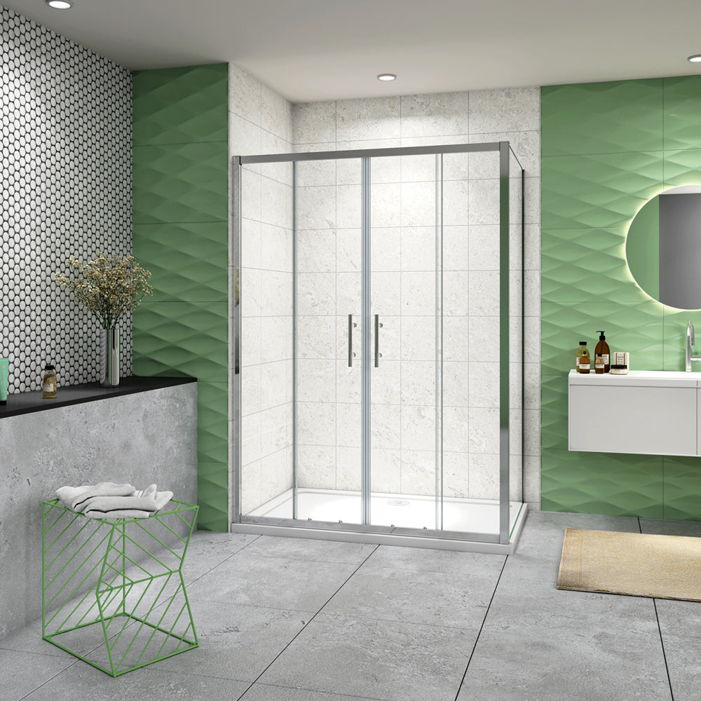 185 cm Box Doccia Angolare Porta Scorrevole con Parete Fissa Vetro 5mm Ingresso Centrale Temperato Trasparente Profilo Cromato Lucido