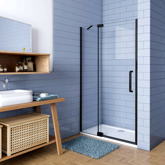 Porta Doccia per Nicchia Apertura Battente 2 Pannelli in Vetro Temperato 8 mm Anticalcare Telaio Nero Opaco