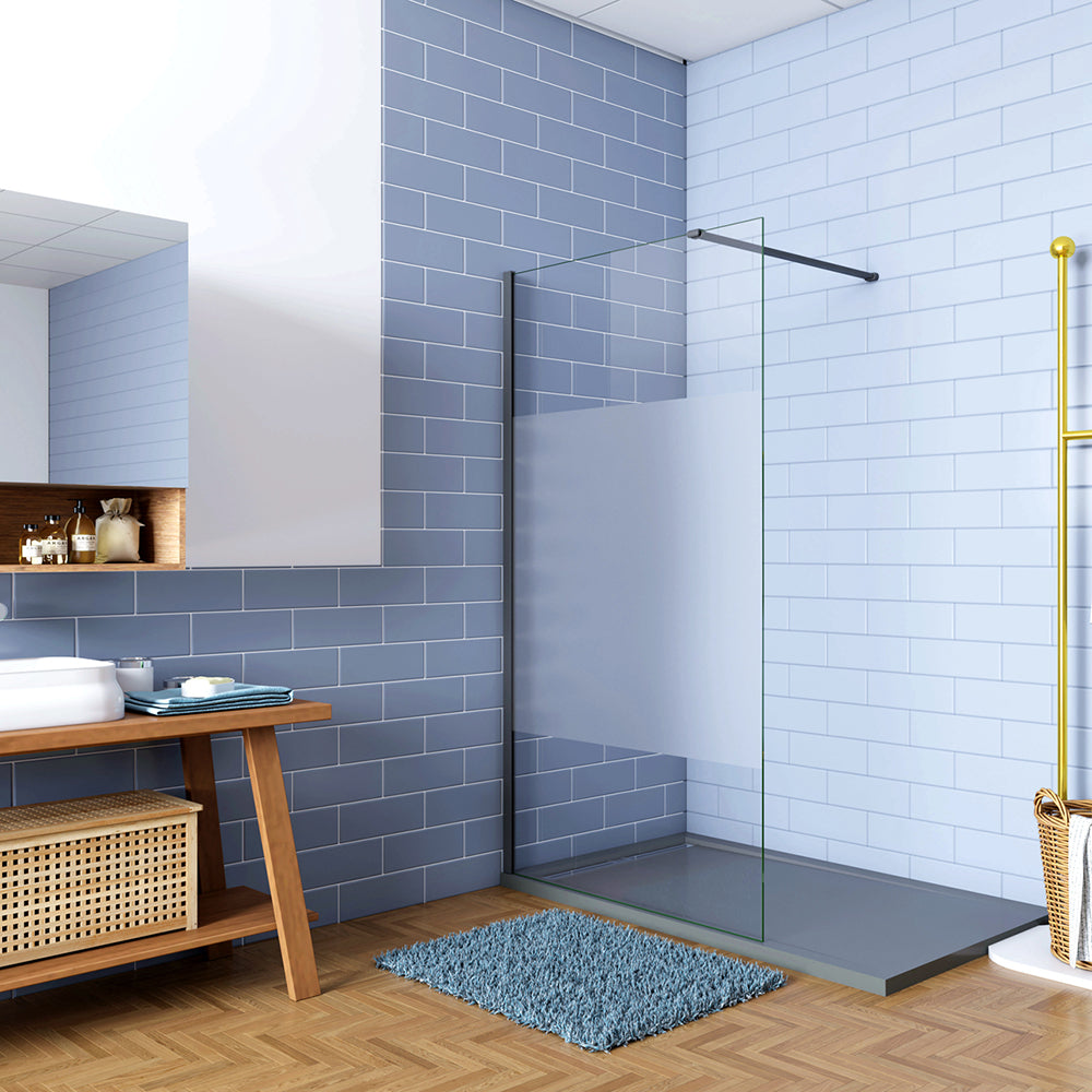 Aica Doccia Walk In 200cm Parete Fissa in Vetro Anti-frantumi Anticalcare da 8 mm Striscia Opaca Centrale Barra Stabilizzatrice Nero Opaco