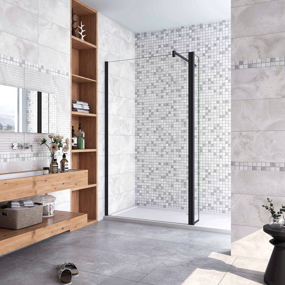Box Doccia Walk in Due Pareti una Fissa+una Mobile Vetro 8mm Temperato Trasparente Anticalcare Barra Stabilizzatrice Nero Opaco