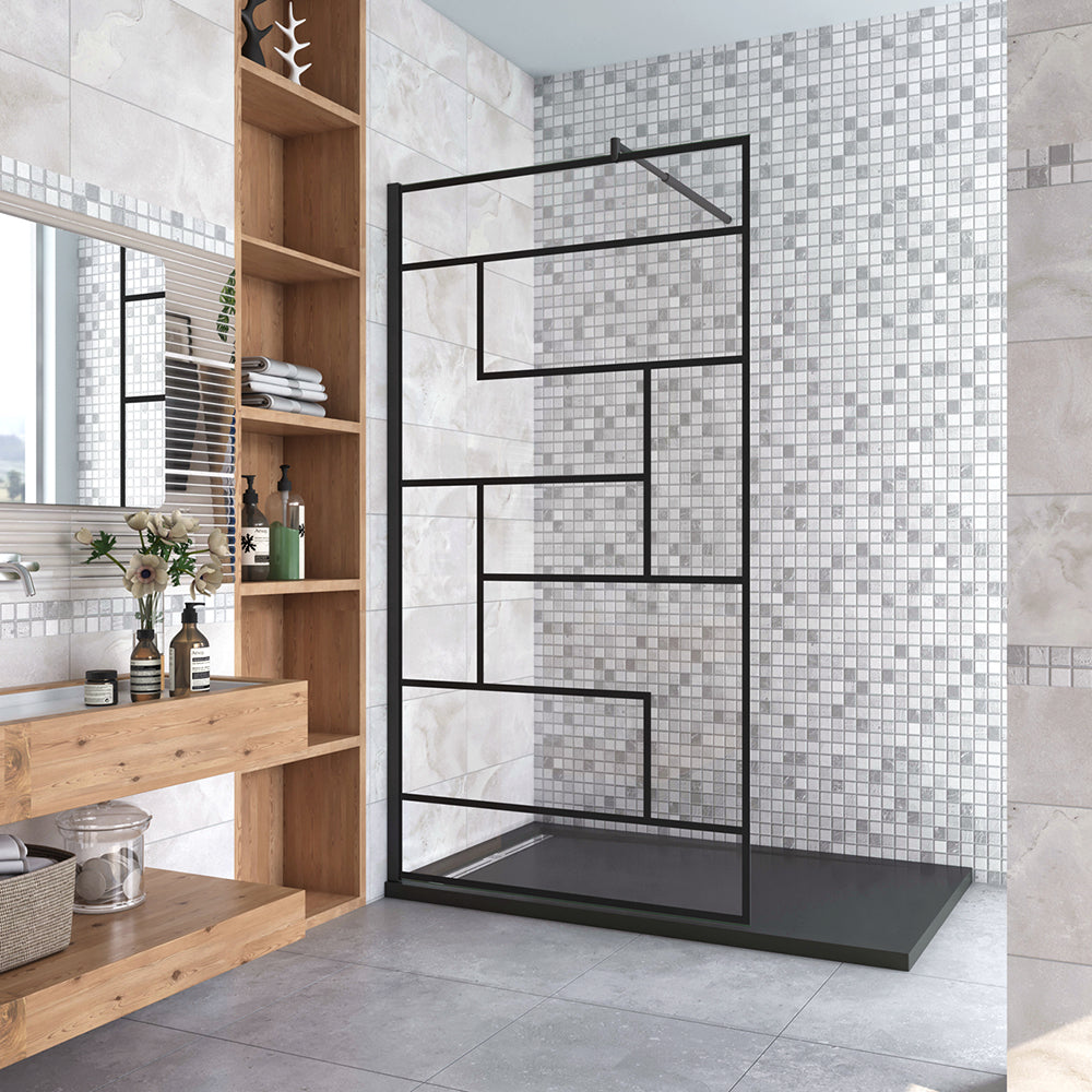 Aica 100-120x200cm Walk In Parete Per Doccia in Vetro Temperato 8mm Anticalcare Serigrafato Nero con Riquadri Barra Stabilizzatrice Nero Opaco