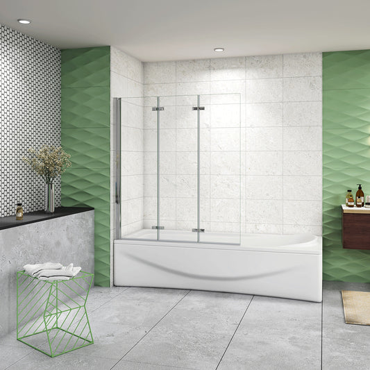 H.140cm Parete Doccia Per Vasca 130 cm 3 Ante Movibili Pieghevoli a Libro in Vetro Temperato 6mm Trasparente Anticalcare Telaio Cromo Lucido No 130x140