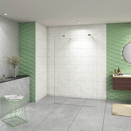 Box Doccia Walk In Parete Fissa in Vetro Temperato da 10mm Trasparente Anticalcare con Doppia Barra Stabilizzatrice da 90cm snodabile e tagliabile