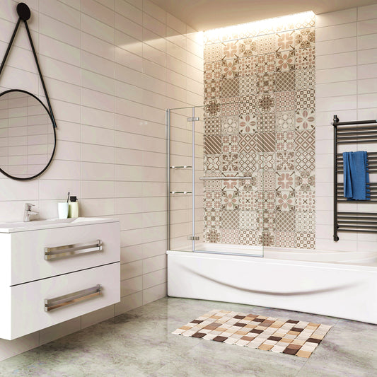 Aica Sopravasca Parete Doccia Per Vasca Girevole Inclusi Due Ripiani Vetro Temperato 5 mm Trasparente Maniglia Porta Asciugamani Alta 140cm