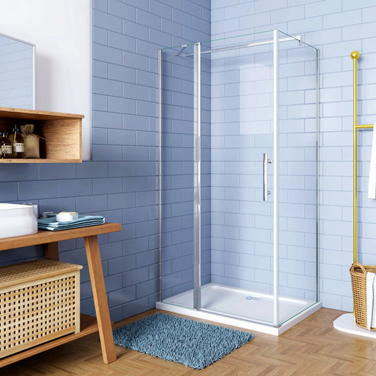 195cm Box Doccia Angolare Porta Battente con Parete Fissa in Vetro Temperato 6mm Anticalcare e 2 Barre Stabilizzatrici Telaio Cromo Lucido